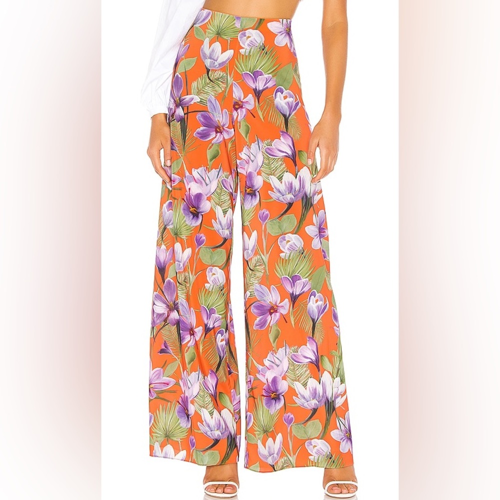 Alice + Olivia Athena Wide Leg Trouser Pants in Floral Palm Coral Size 6